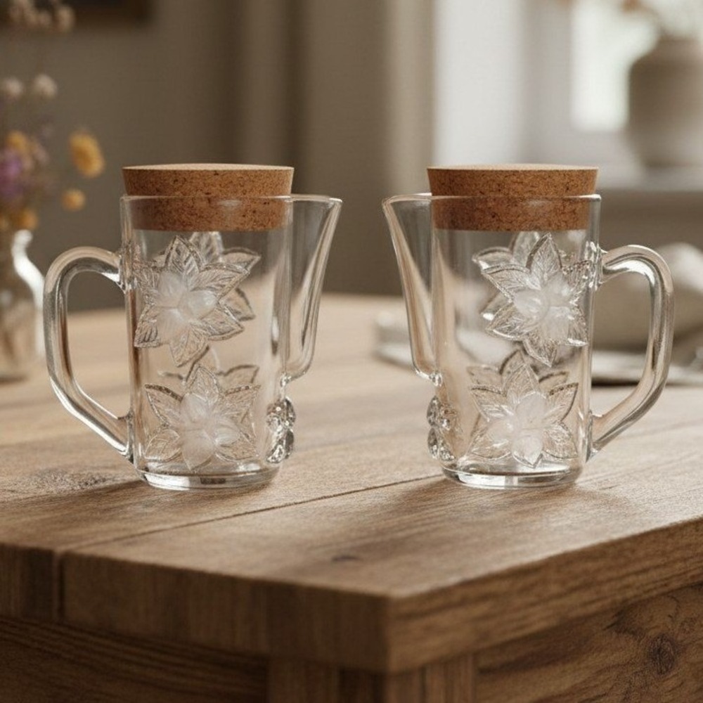 Embossed Floral Glass Pitchers, Set of 2, Vintage Inspired Snub Nose Spout